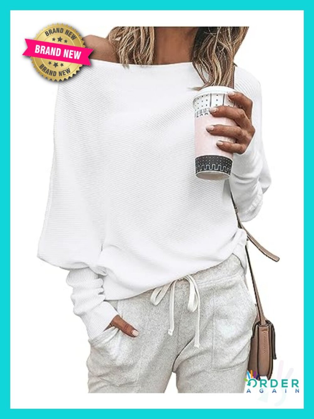 Off The Shoulder Sweater Knit Pullover Batwing Long Sleeve Ribbed Knit Top